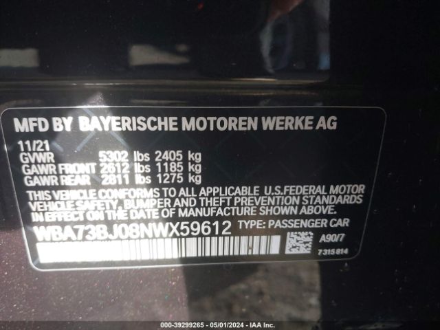 Photo 8 VIN: WBA73BJ08NWX59612 - BMW 540I 