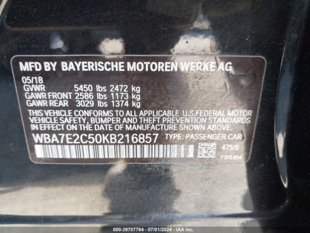 Photo 8 VIN: WBA7E2C50KB216857 - BMW 740 I 