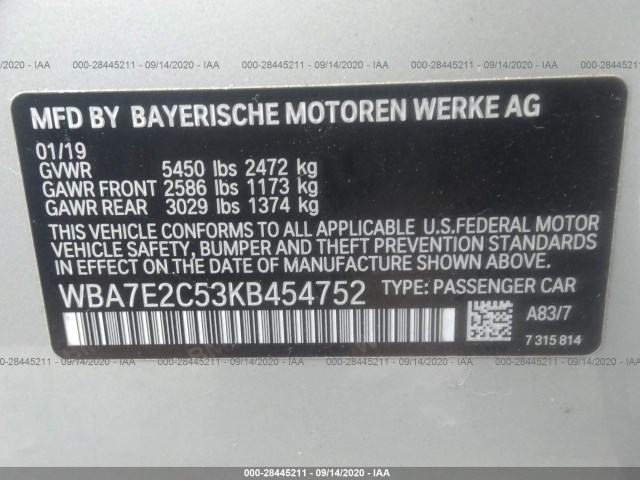 Photo 8 VIN: WBA7E2C53KB454752 - BMW 7 