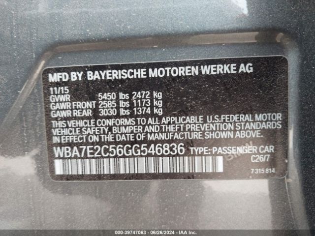 Photo 8 VIN: WBA7E2C56GG546836 - BMW 740I 