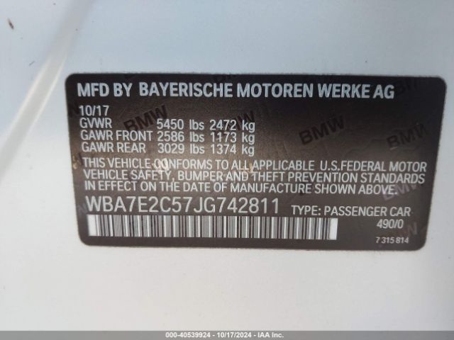 Photo 8 VIN: WBA7E2C57JG742811 - BMW 740I 