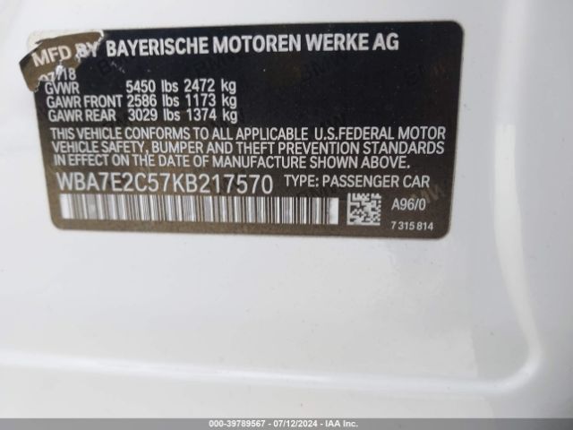 Photo 8 VIN: WBA7E2C57KB217570 - BMW 740I 