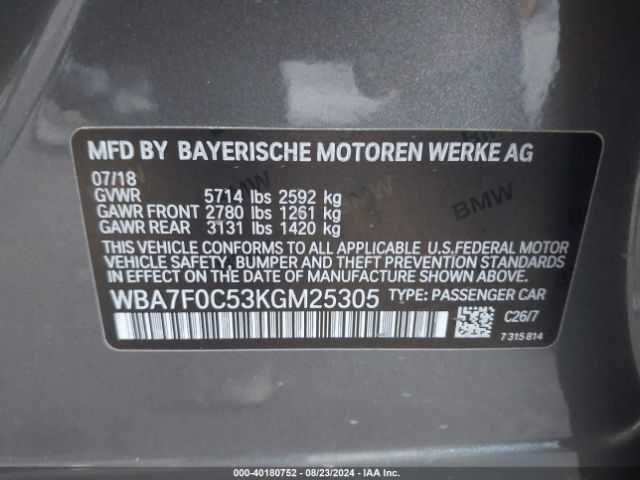 Photo 8 VIN: WBA7F0C53KGM25305 - BMW 750I 