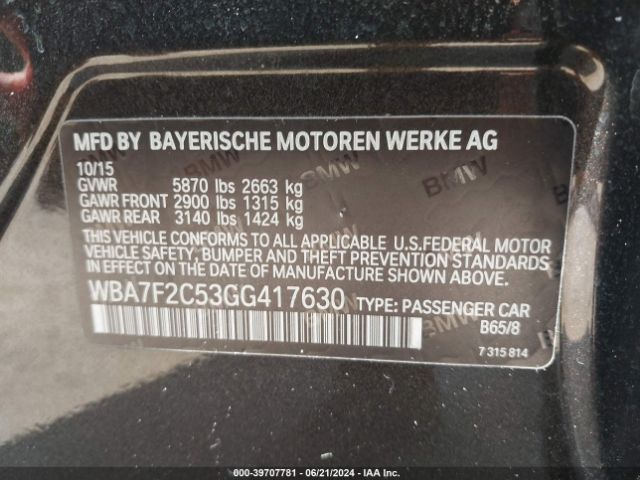 Photo 8 VIN: WBA7F2C53GG417630 - BMW 750I 