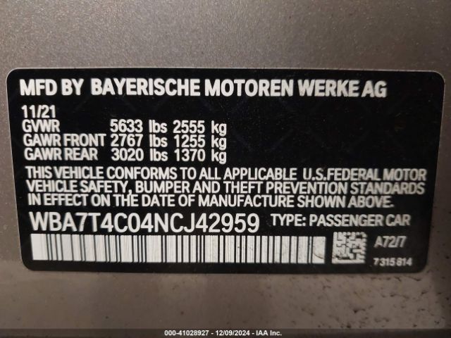 Photo 8 VIN: WBA7T4C04NCJ42959 - BMW 740LI 