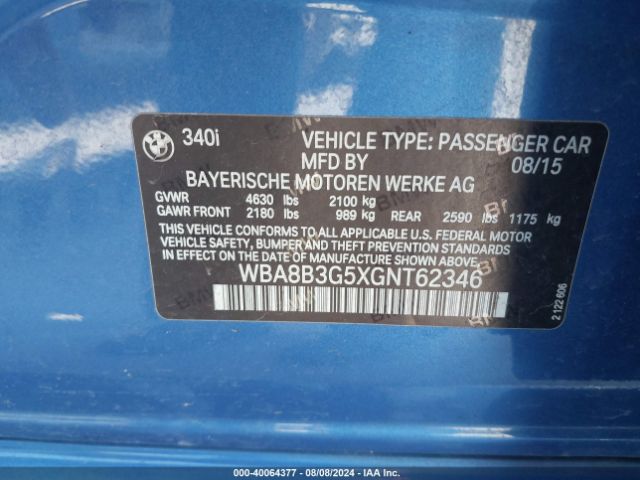 Photo 8 VIN: WBA8B3G5XGNT62346 - BMW 340I 