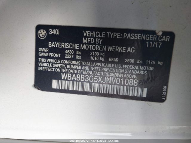 Photo 8 VIN: WBA8B3G5XJNV01088 - BMW 340I 