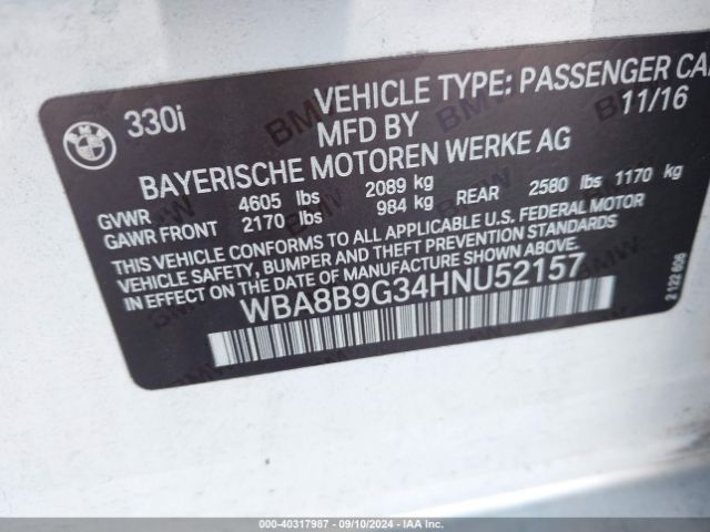 Photo 8 VIN: WBA8B9G34HNU52157 - BMW 330I 