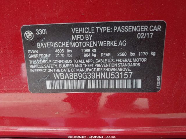 Photo 8 VIN: WBA8B9G39HNU53157 - BMW 330I 