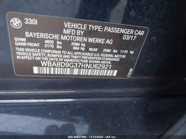 Photo 8 VIN: WBA8D9G37HNU62921 - BMW 330I 