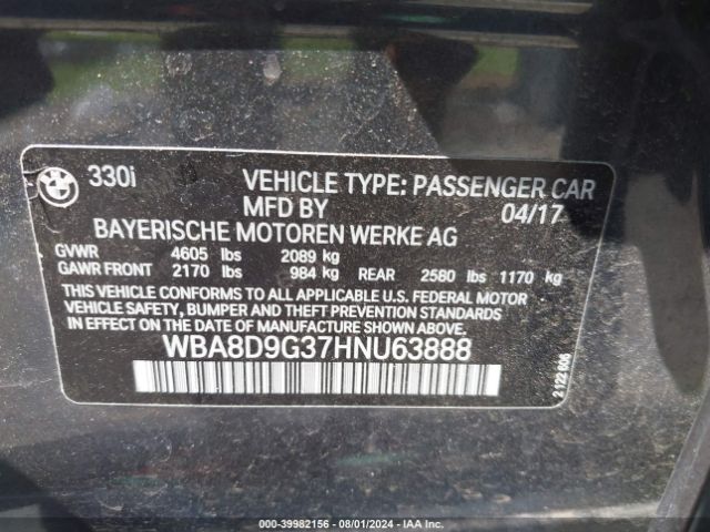 Photo 8 VIN: WBA8D9G37HNU63888 - BMW 330I 