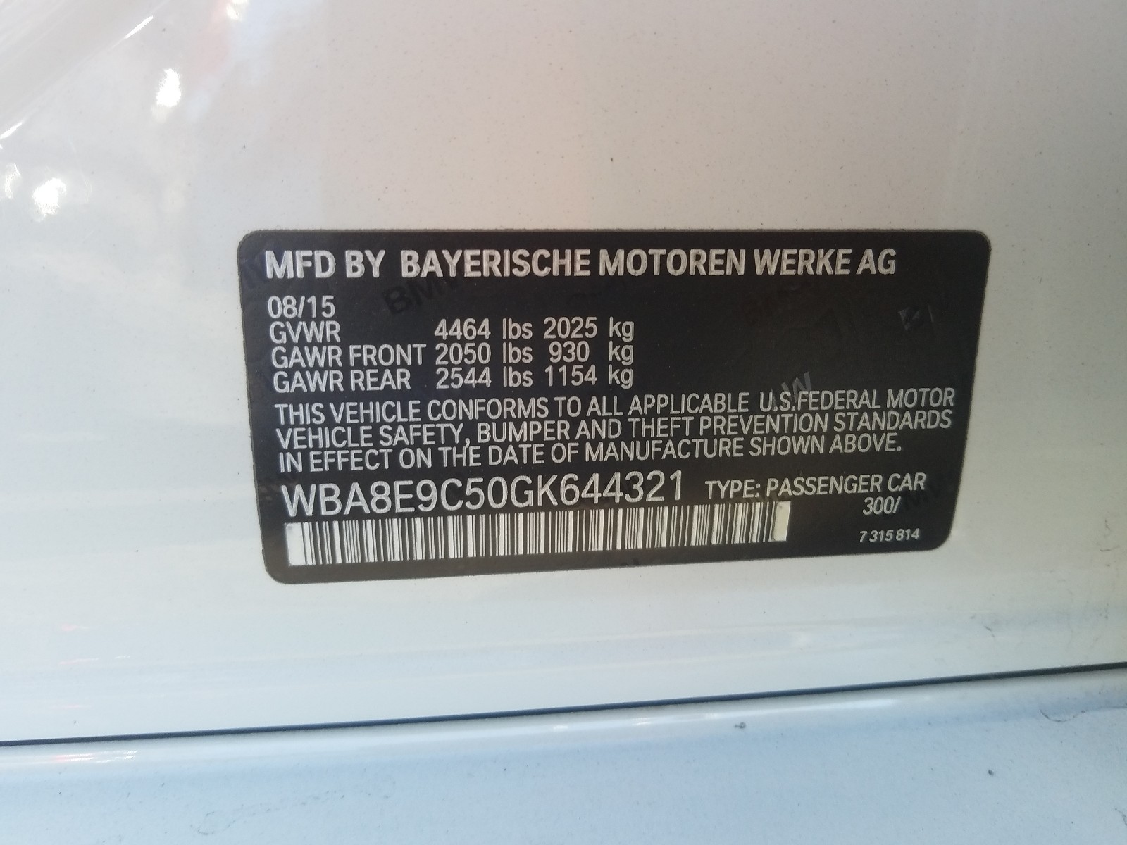 Photo 9 VIN: WBA8E9C50GK644321 - BMW 328 I SULE 