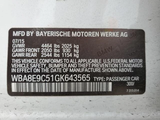 Photo 11 VIN: WBA8E9C51GK643565 - BMW 328 I SULE 