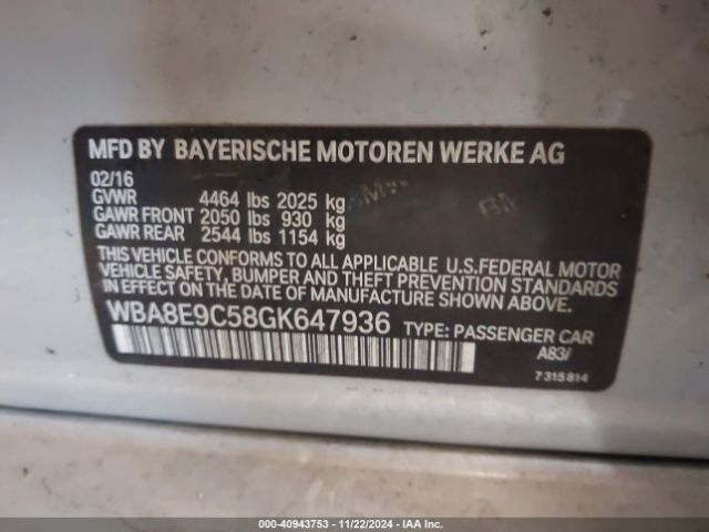 Photo 8 VIN: WBA8E9C58GK647936 - BMW 328I 