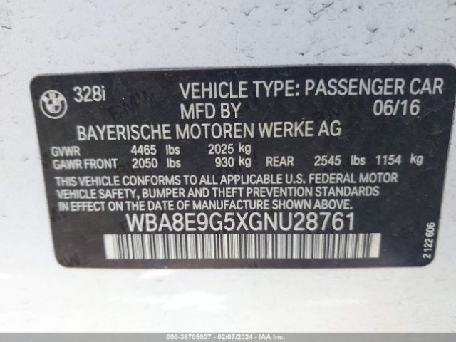 Photo 8 VIN: WBA8E9G5XGNU28761 - BMW 328I 