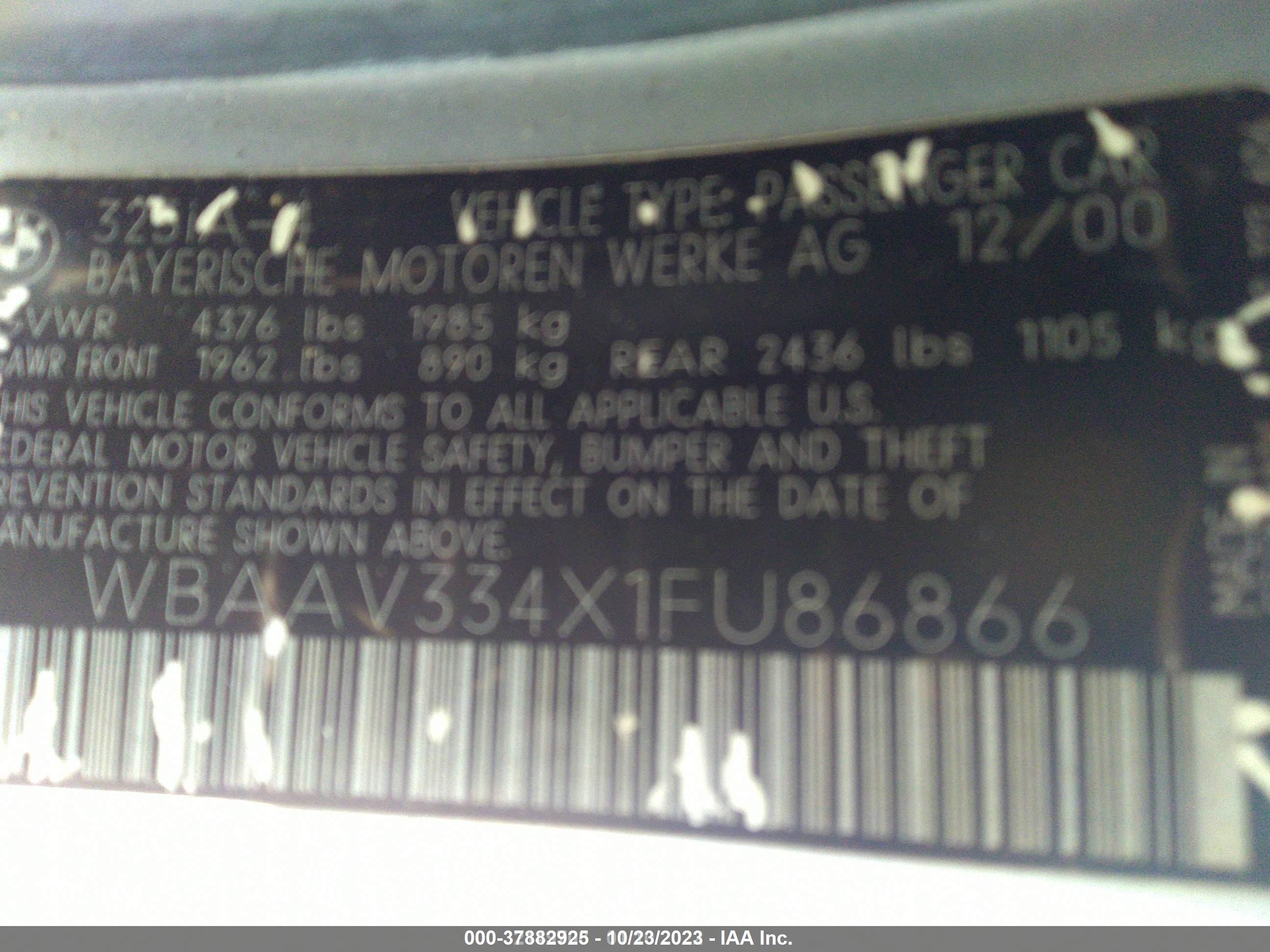 Photo 8 VIN: WBAAV334X1FU86866 - BMW 3ER 