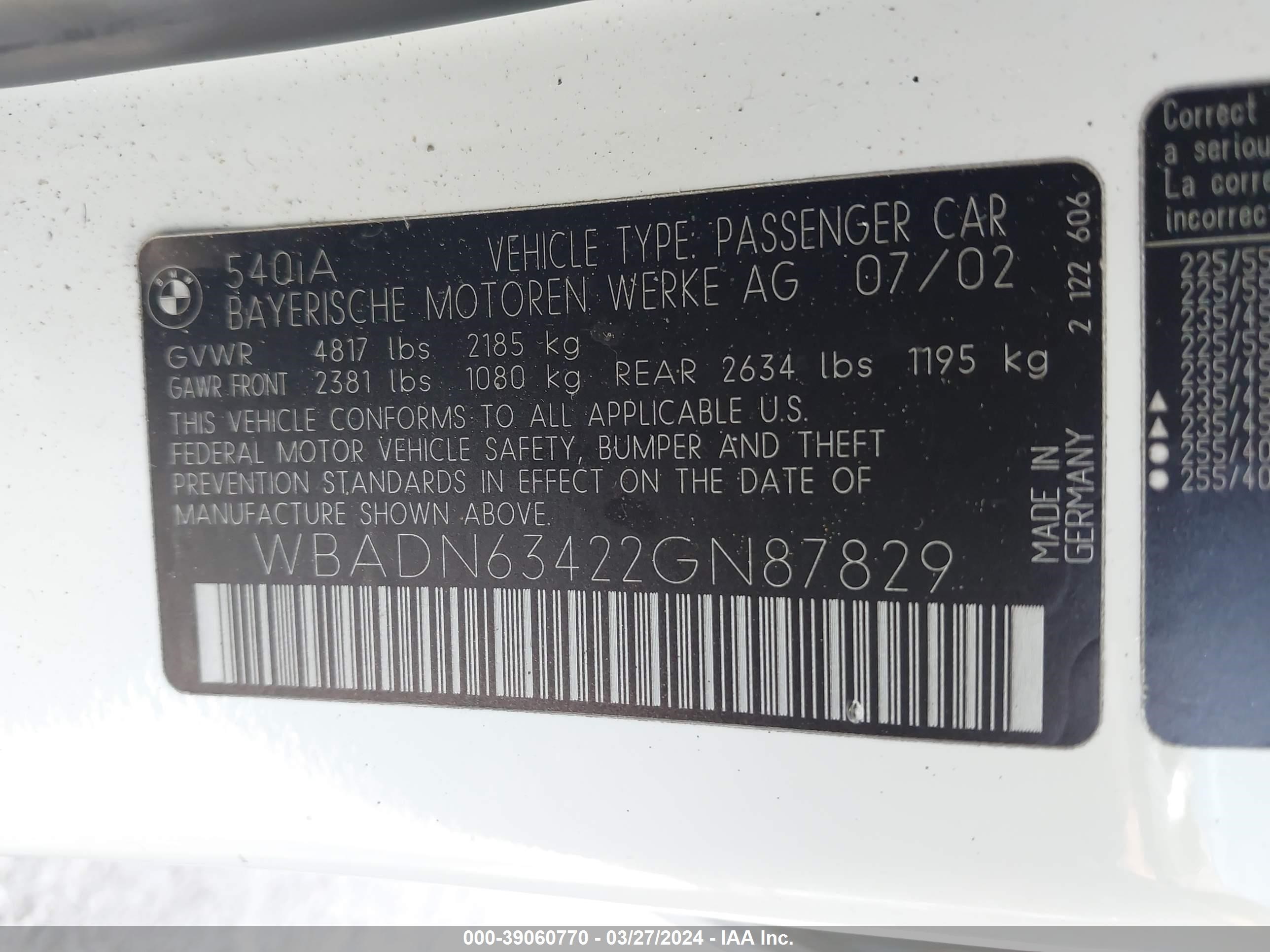 Photo 8 VIN: WBADN63422GN87829 - BMW 5ER 