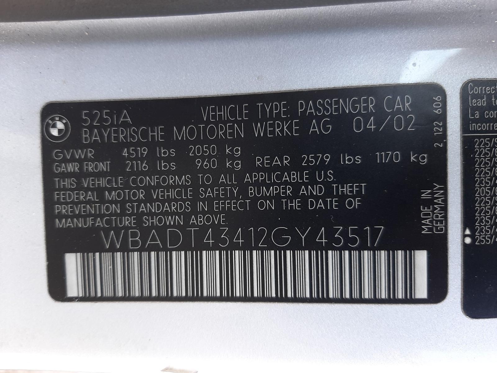 Photo 9 VIN: WBADT43412GY43517 - BMW 525 I AUTO 