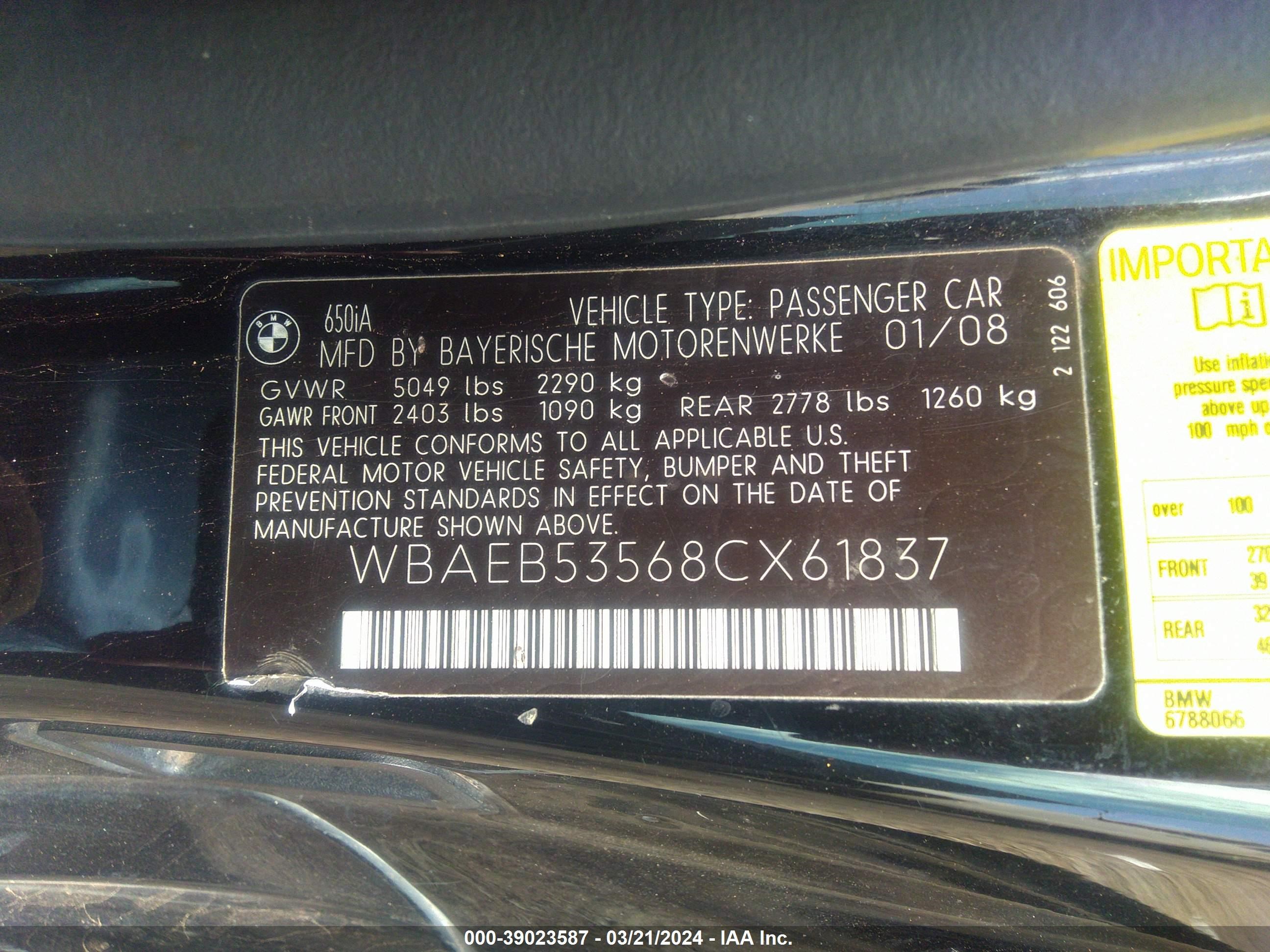 Photo 9 VIN: WBAEB53568CX61837 - BMW 6ER 