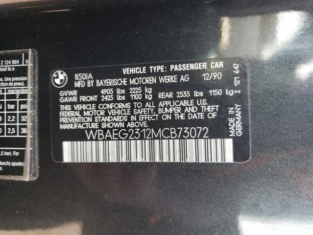 Photo 11 VIN: WBAEG2312MCB73072 - BMW 850 I AUTO 