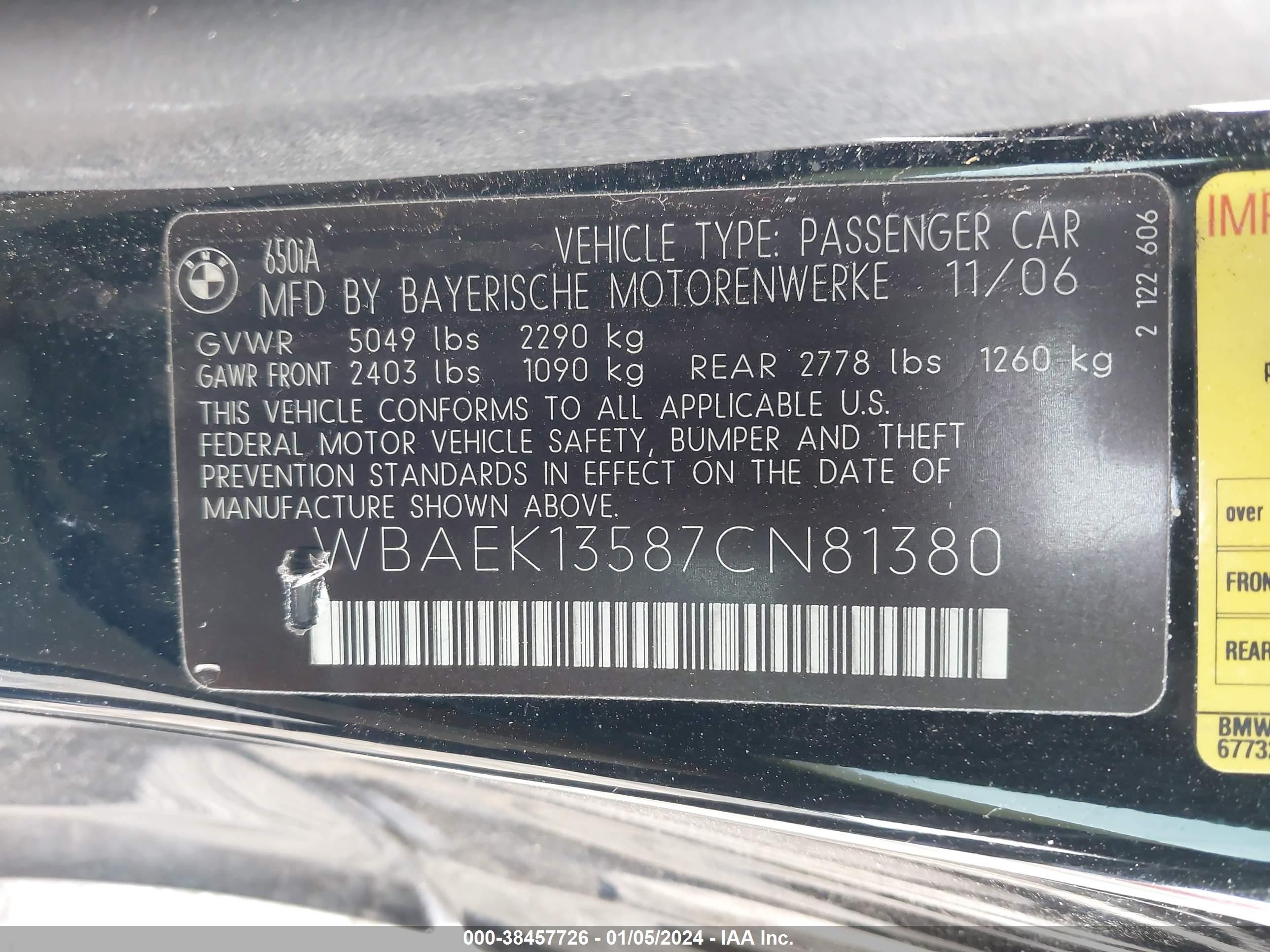 Photo 8 VIN: WBAEK13587CN81380 - BMW 6ER 