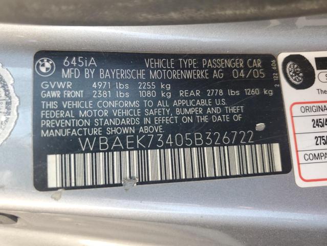 Photo 11 VIN: WBAEK73405B326722 - BMW 6 SERIES 