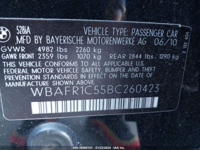 Photo 8 VIN: WBAFR1C55BC260423 - BMW 528I 