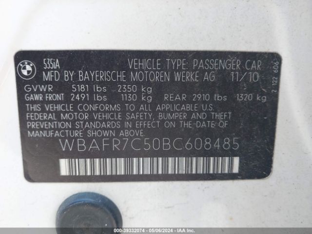 Photo 8 VIN: WBAFR7C50BC608485 - BMW 535I 