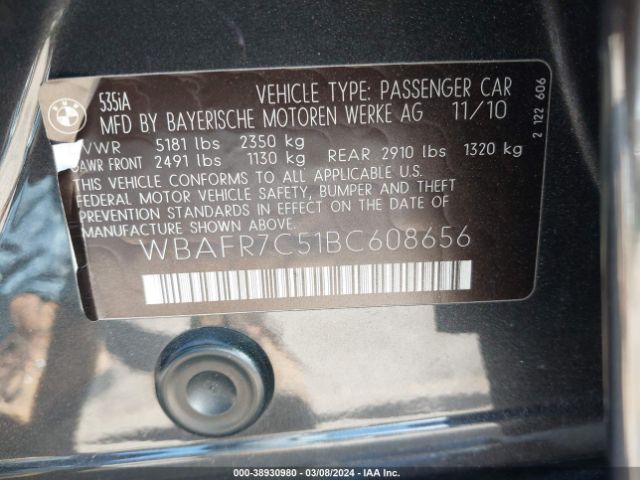 Photo 8 VIN: WBAFR7C51BC608656 - BMW 535I 