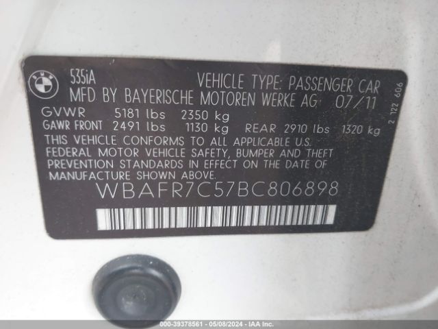 Photo 8 VIN: WBAFR7C57BC806898 - BMW 535I 