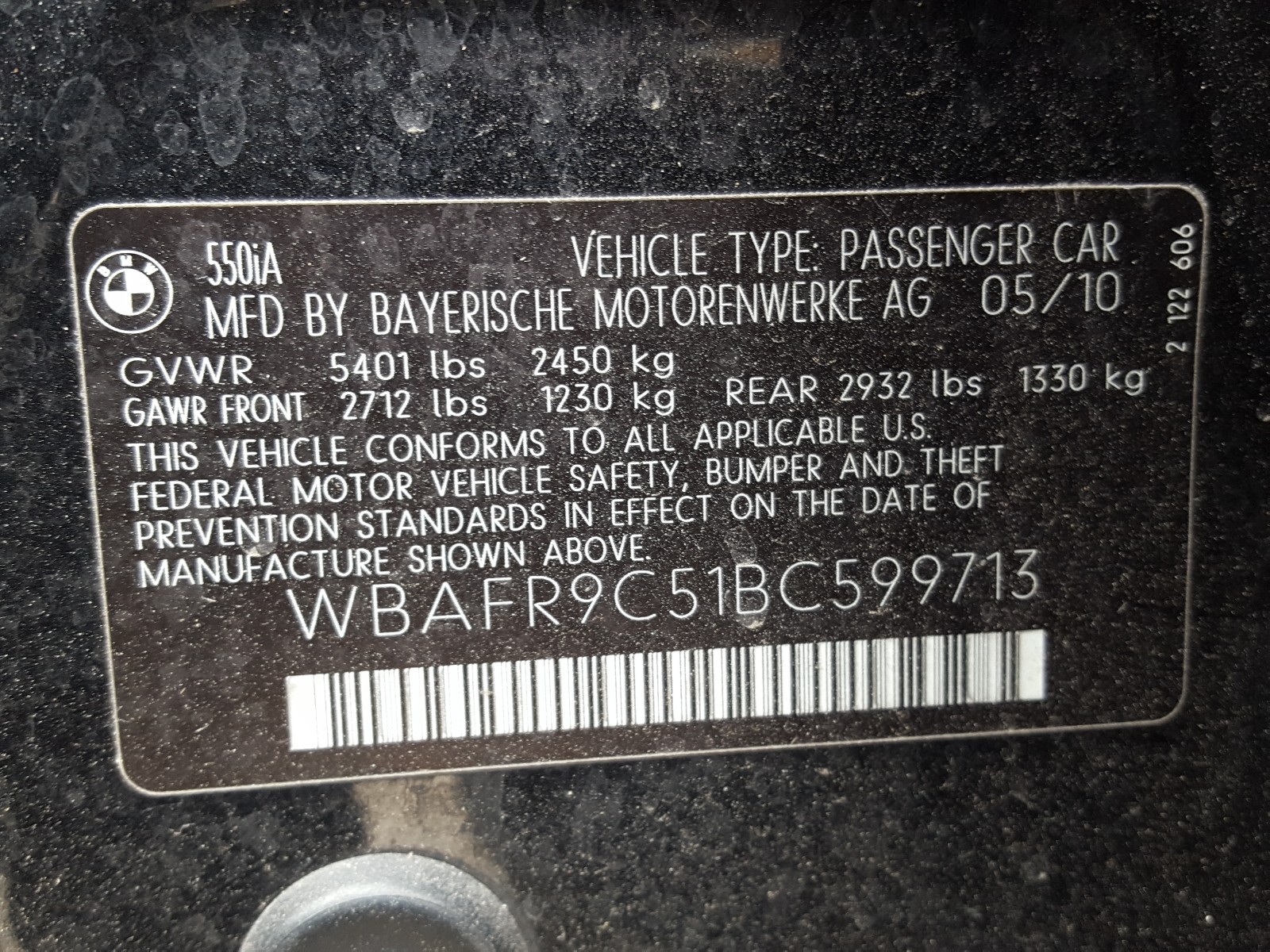 Photo 9 VIN: WBAFR9C51BC599713 - BMW 550 I 