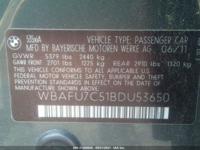 Photo 8 VIN: WBAFU7C51BDU53650 - BMW 5 