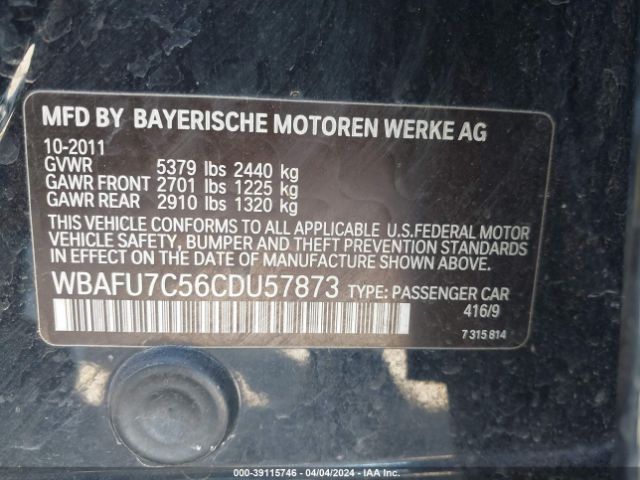 Photo 8 VIN: WBAFU7C56CDU57873 - BMW 535I 