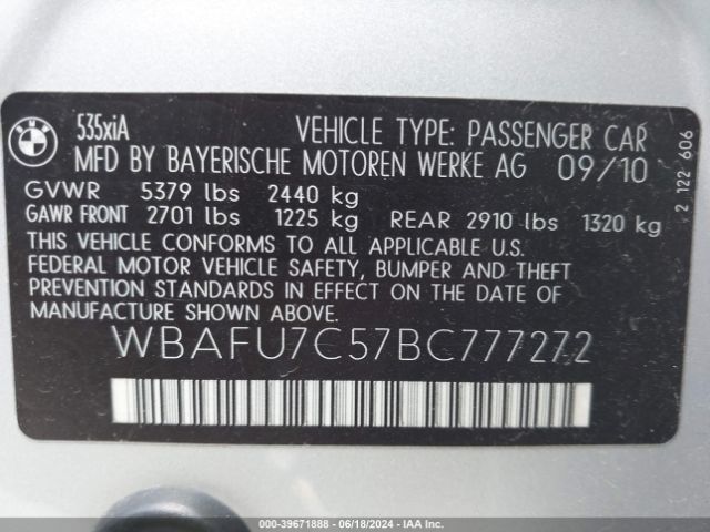 Photo 8 VIN: WBAFU7C57BC777272 - BMW 535I 