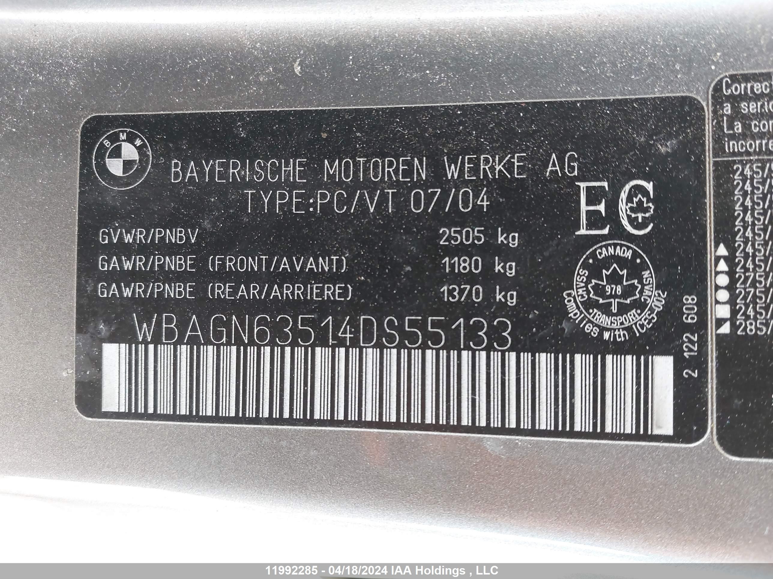 Photo 8 VIN: WBAGN63514DS55133 - BMW 7ER 