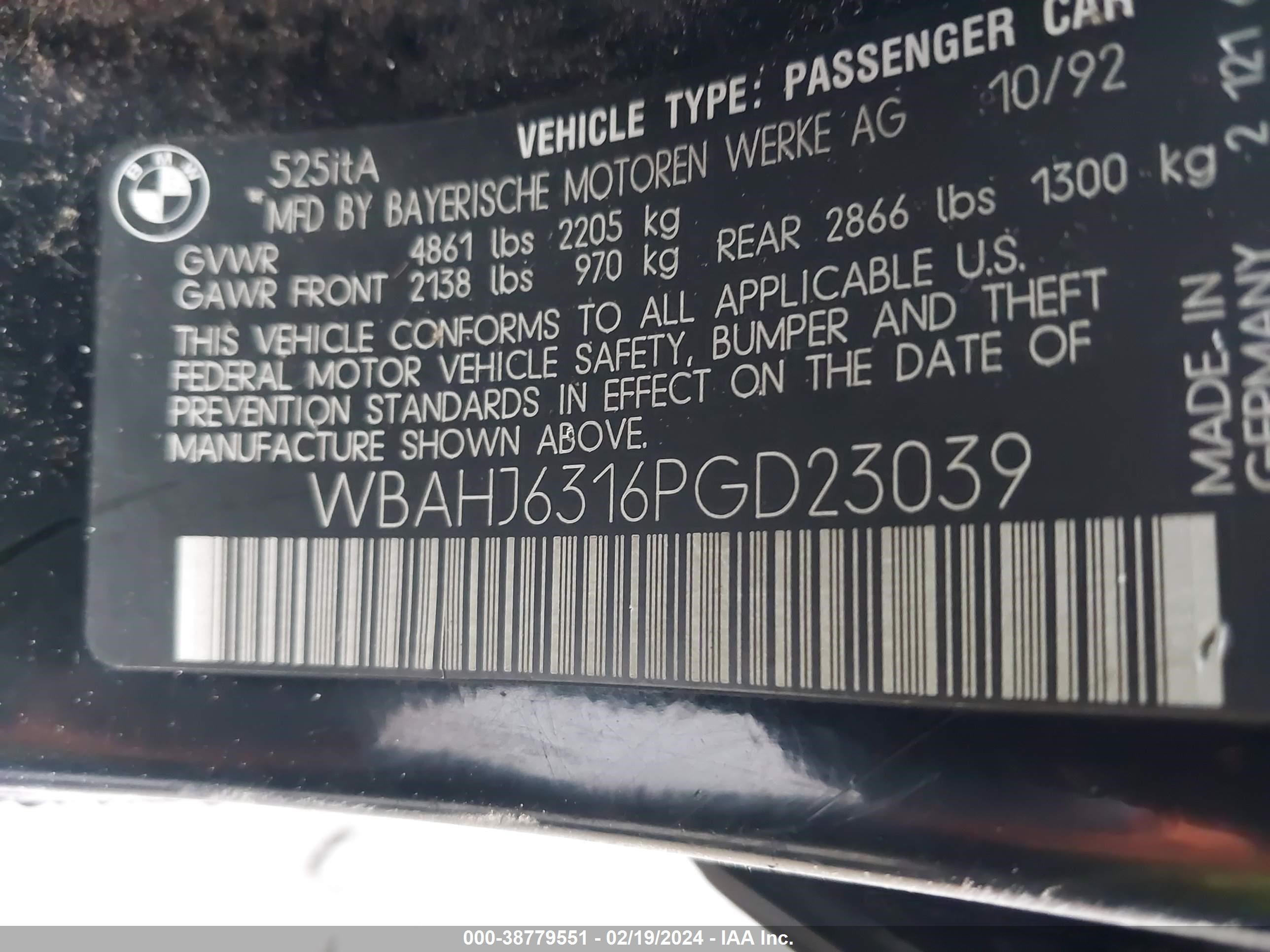 Photo 8 VIN: WBAHJ6316PGD23039 - BMW 5ER 