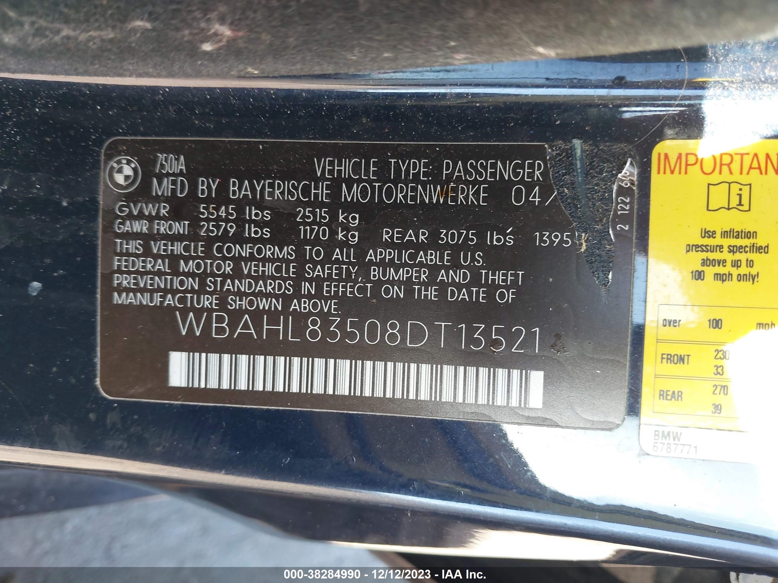 Photo 8 VIN: WBAHL83508DT13521 - BMW 7ER 