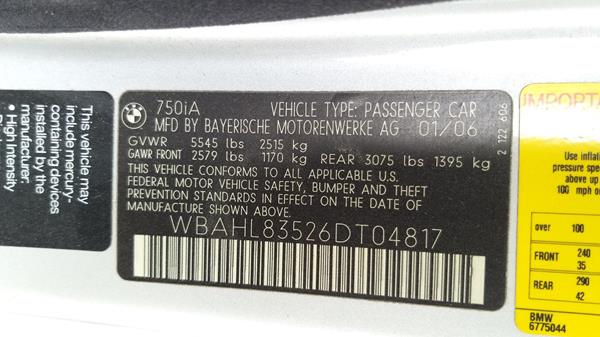 Photo 1 VIN: WBAHL83526DT04817 - BMW 750 I 