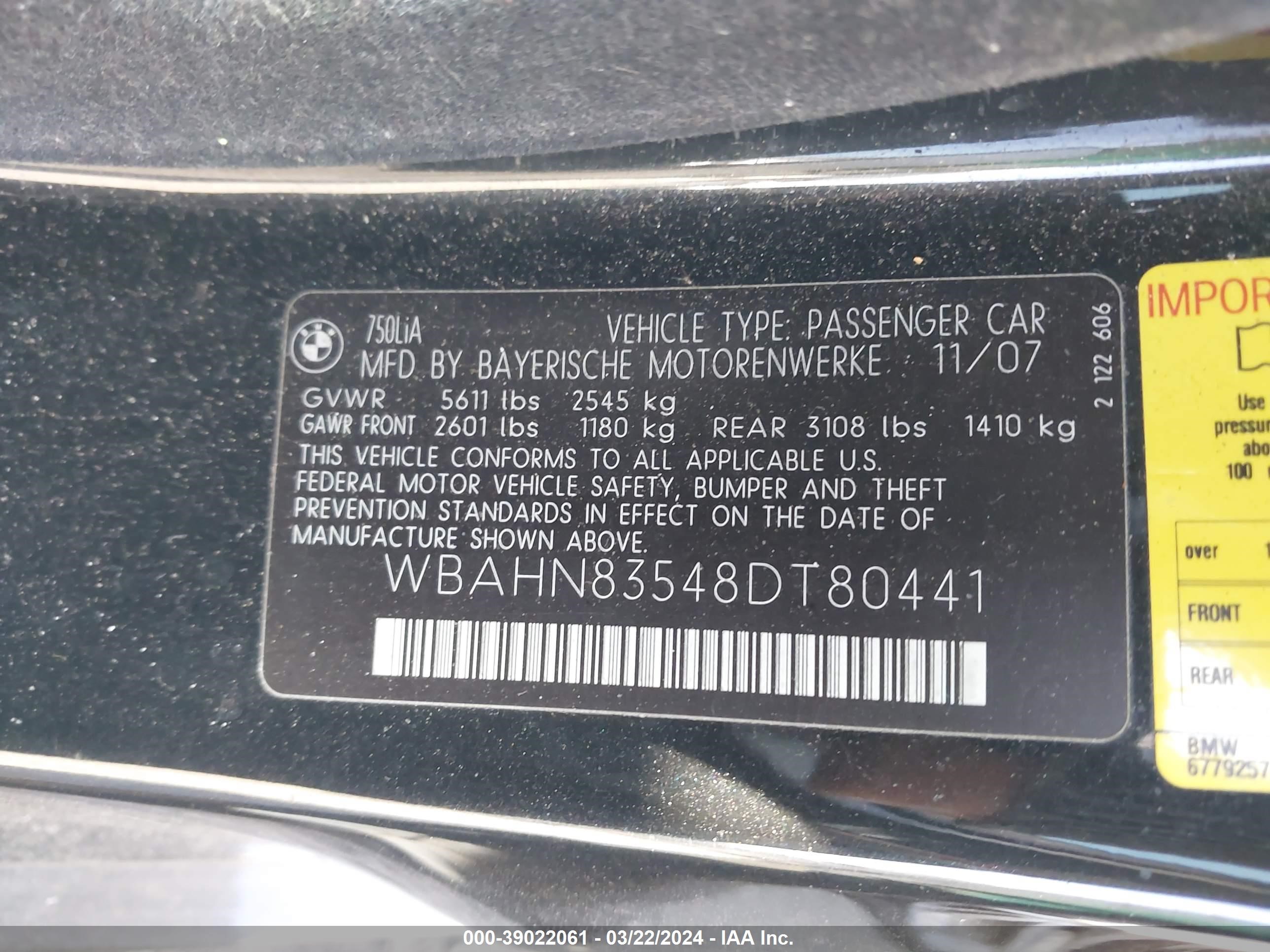 Photo 8 VIN: WBAHN83548DT80441 - BMW 7ER 