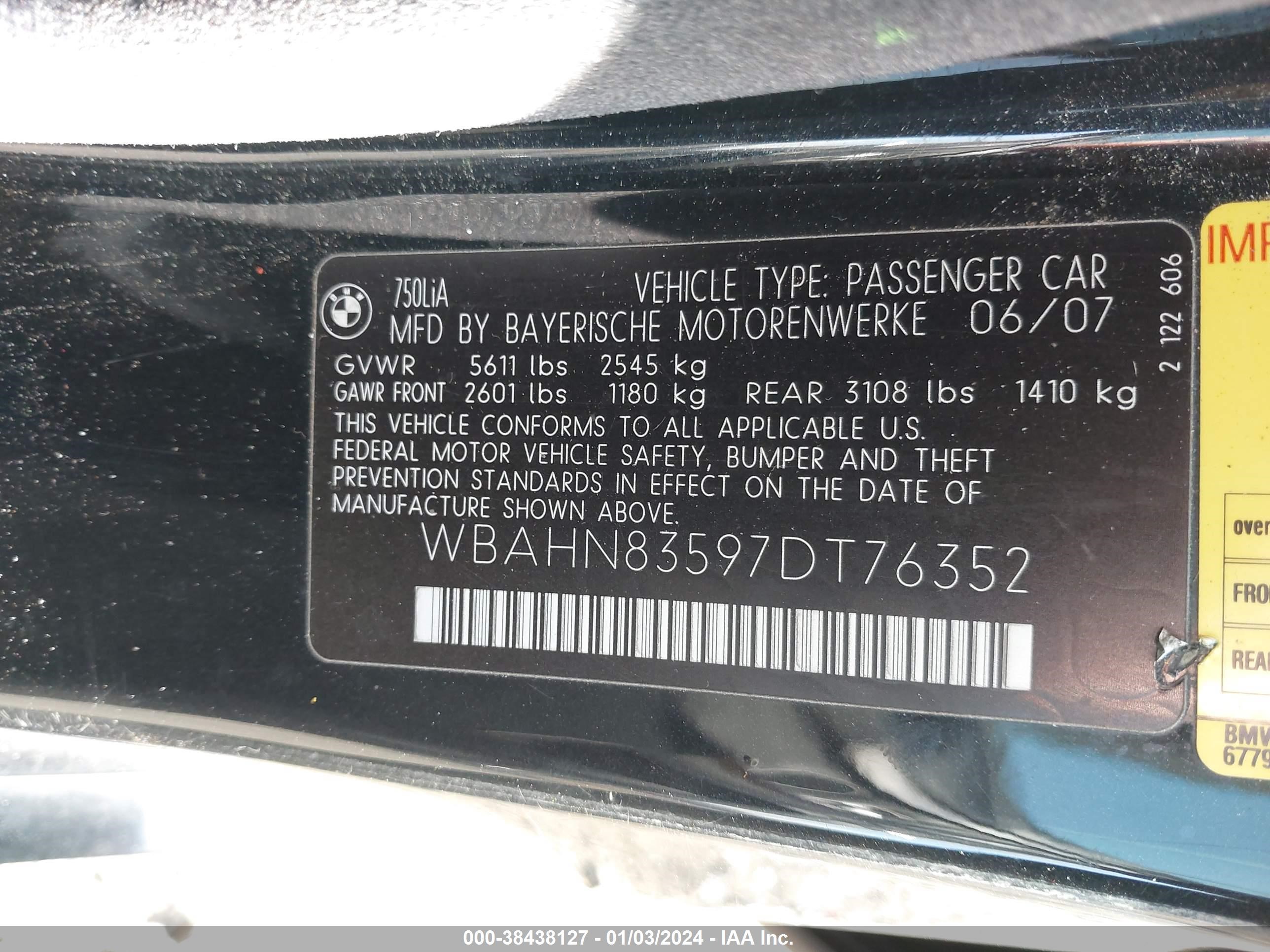 Photo 8 VIN: WBAHN83597DT76352 - BMW 7ER 