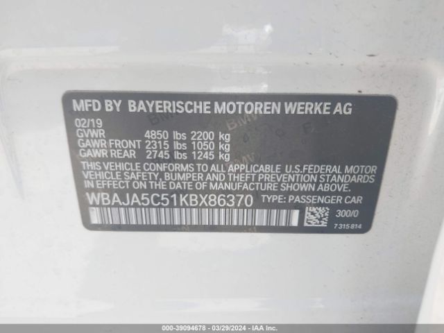 Photo 8 VIN: WBAJA5C51KBX86370 - BMW 530I 