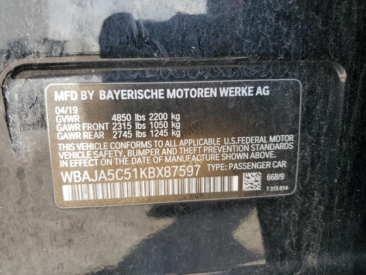 Photo 12 VIN: WBAJA5C51KBX87597 - BMW 5ER 