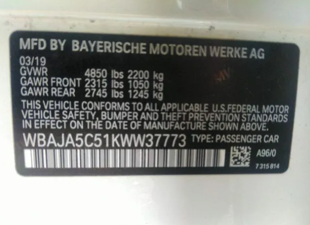 Photo 8 VIN: WBAJA5C51KWW37773 - BMW 5 SERIES 