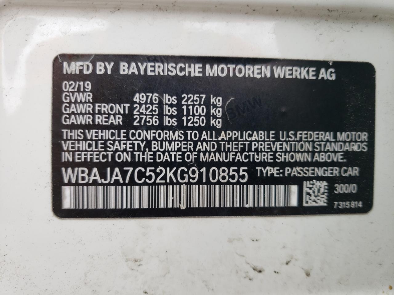 Photo 12 VIN: WBAJA7C52KG910855 - BMW 5ER 