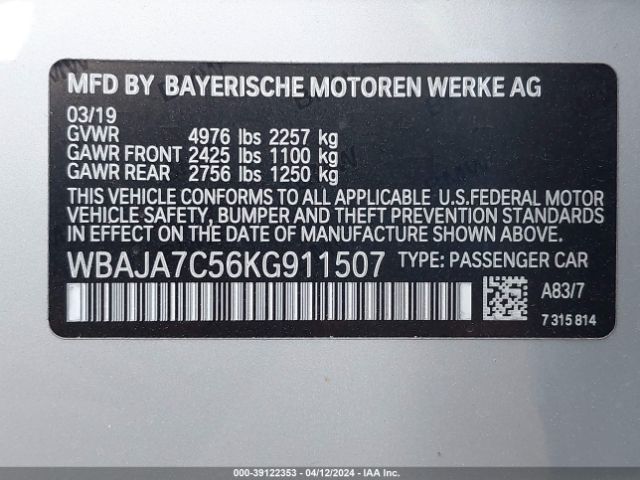 Photo 8 VIN: WBAJA7C56KG911507 - BMW 530I 