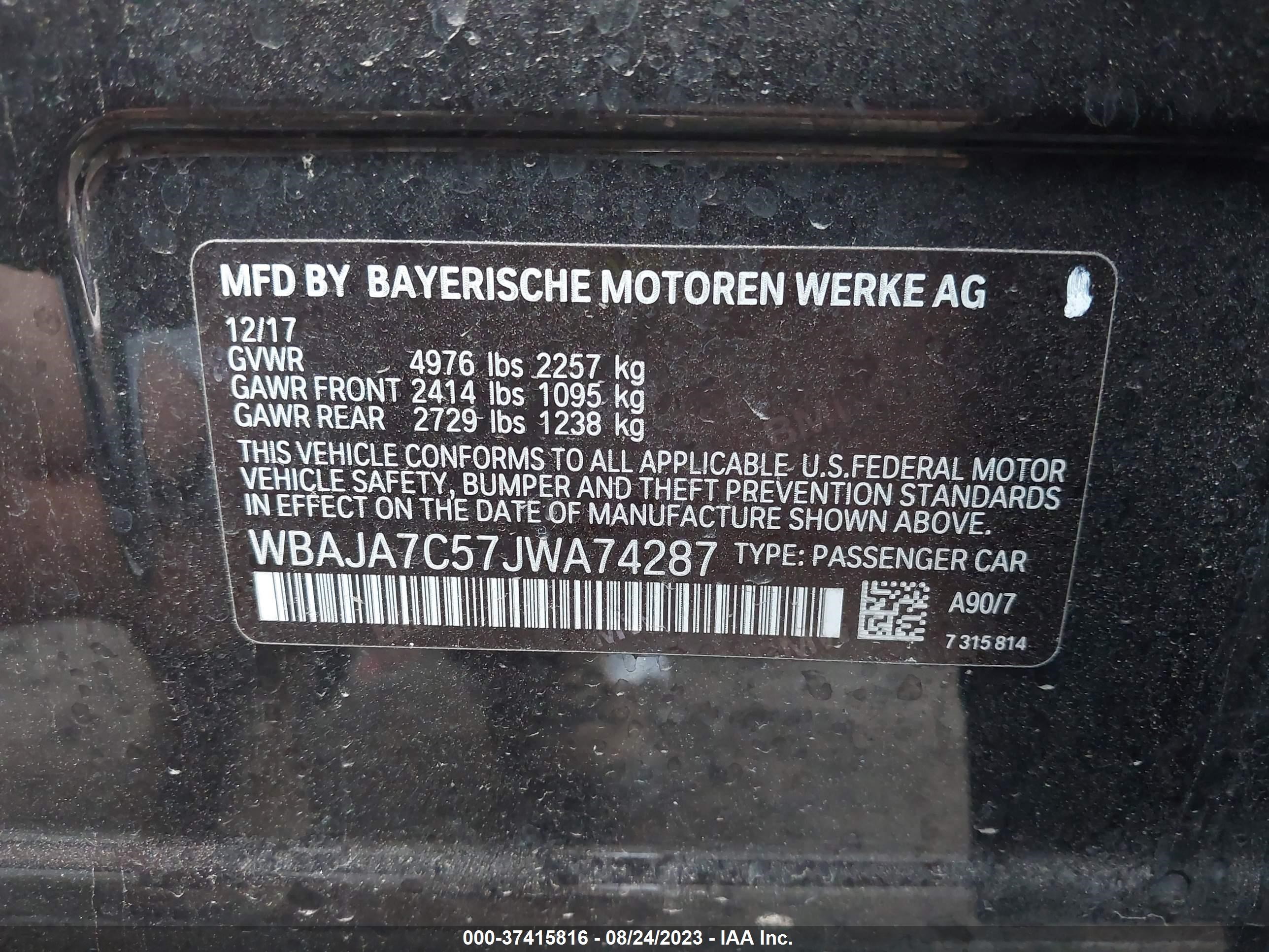 Photo 8 VIN: WBAJA7C57JWA74287 - BMW 5ER 