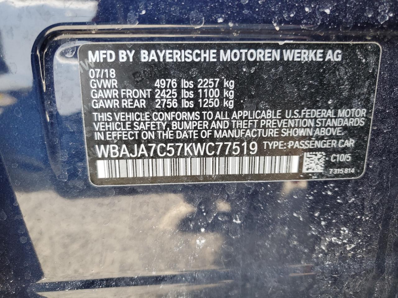 Photo 12 VIN: WBAJA7C57KWC77519 - BMW 5ER 