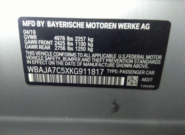 Photo 8 VIN: WBAJA7C5XKG911817 - BMW 5 SERIES 