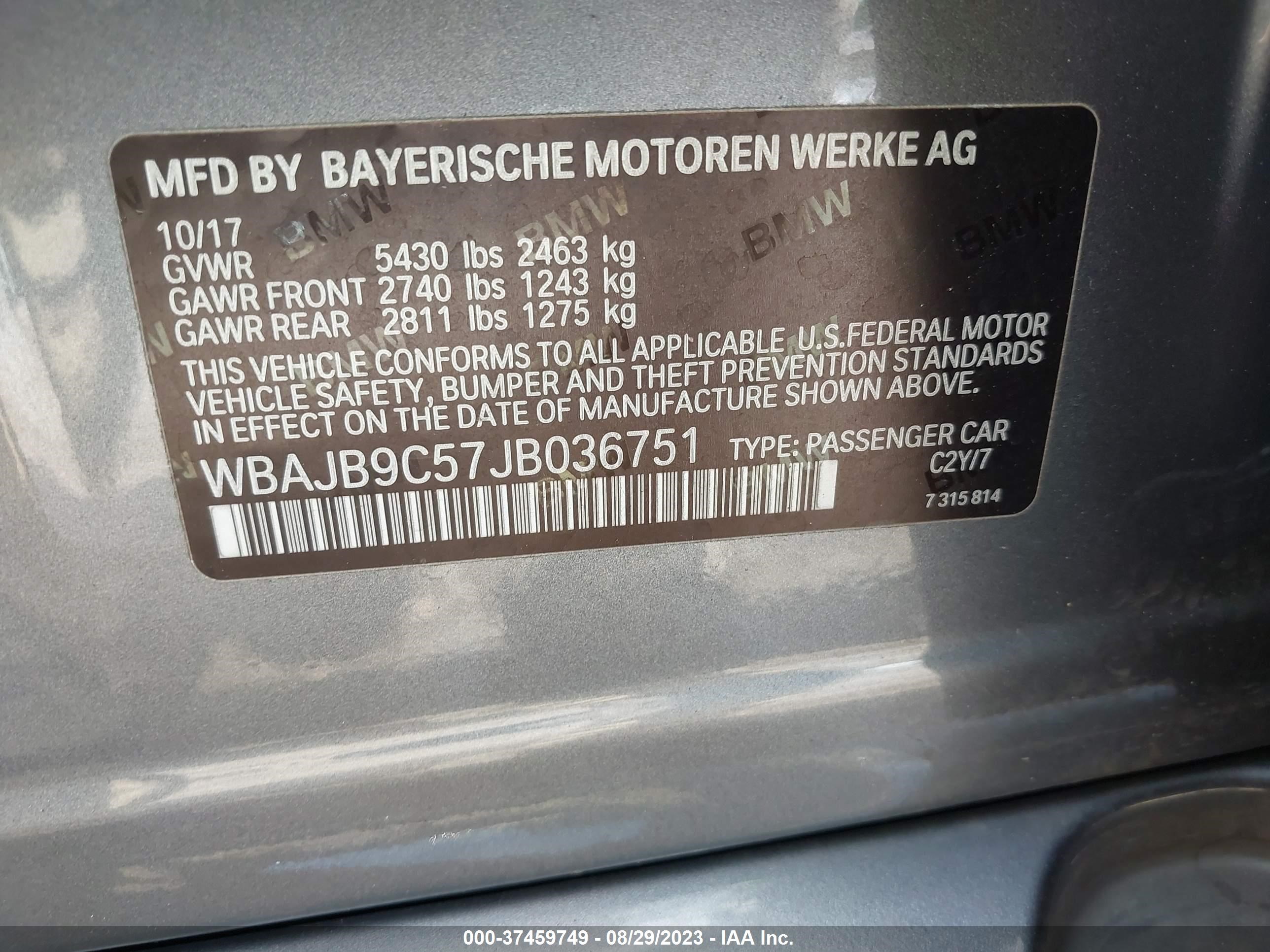 Photo 8 VIN: WBAJB9C57JB036751 - BMW 5 SERIES 