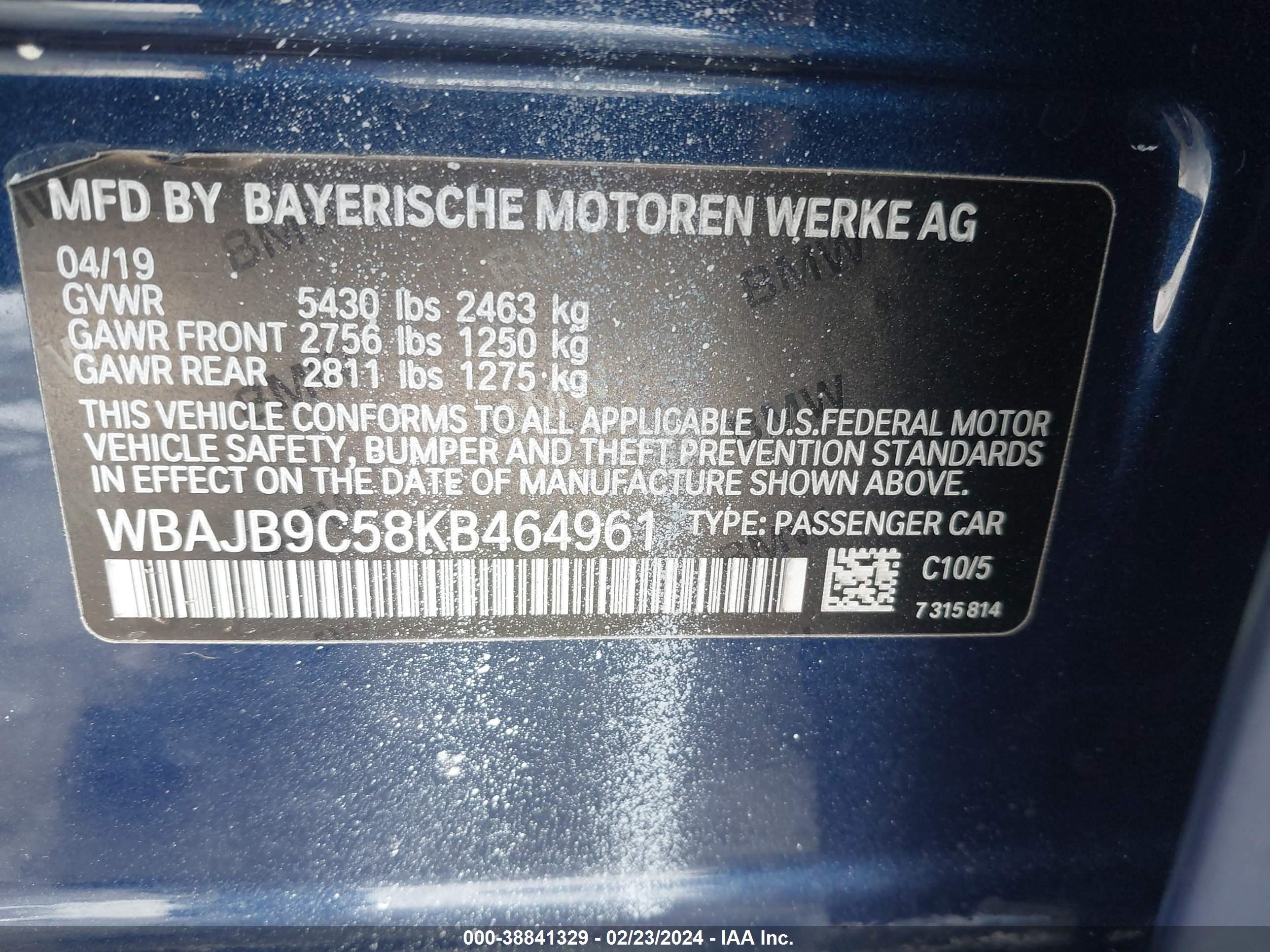 Photo 8 VIN: WBAJB9C58KB464961 - BMW 5ER 